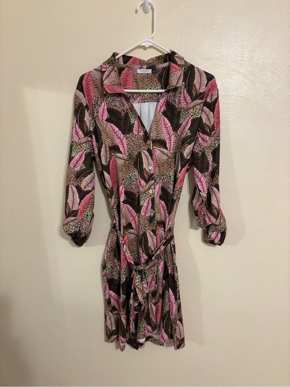 Cabana Life Tropical Leaf Print Belted Shirt Dress Pink Brown Size L